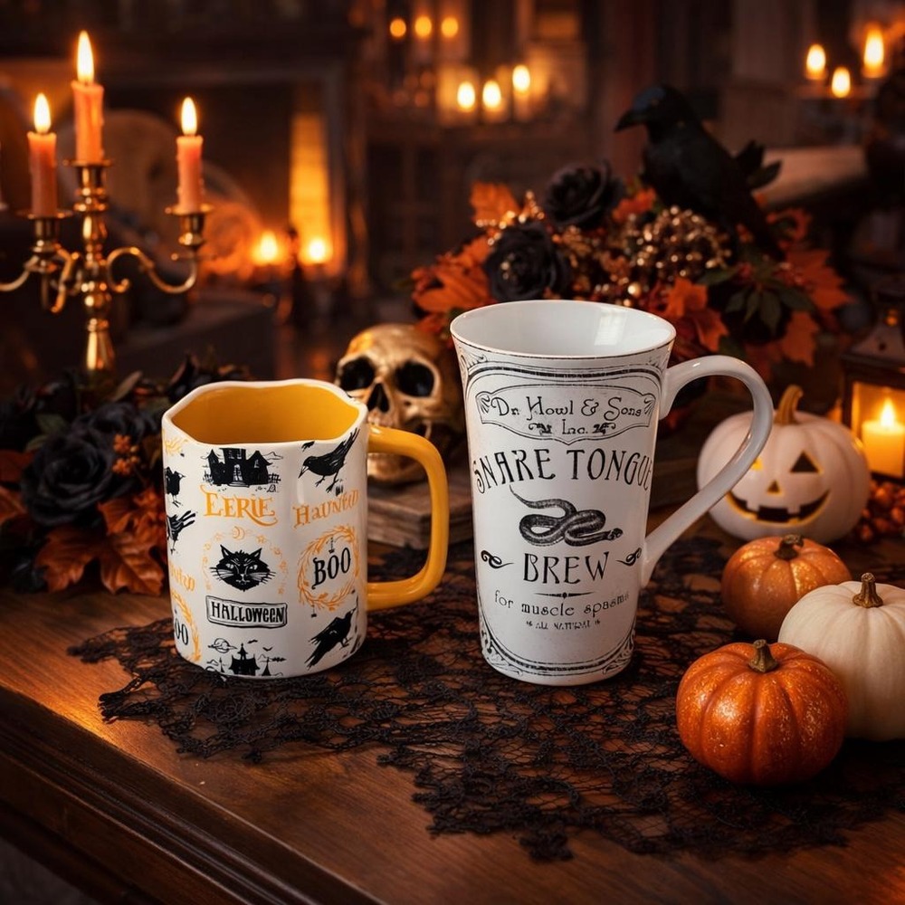 Vintage Halloween Mug Set Ceramic Haunted Apothecary Angela Staehling